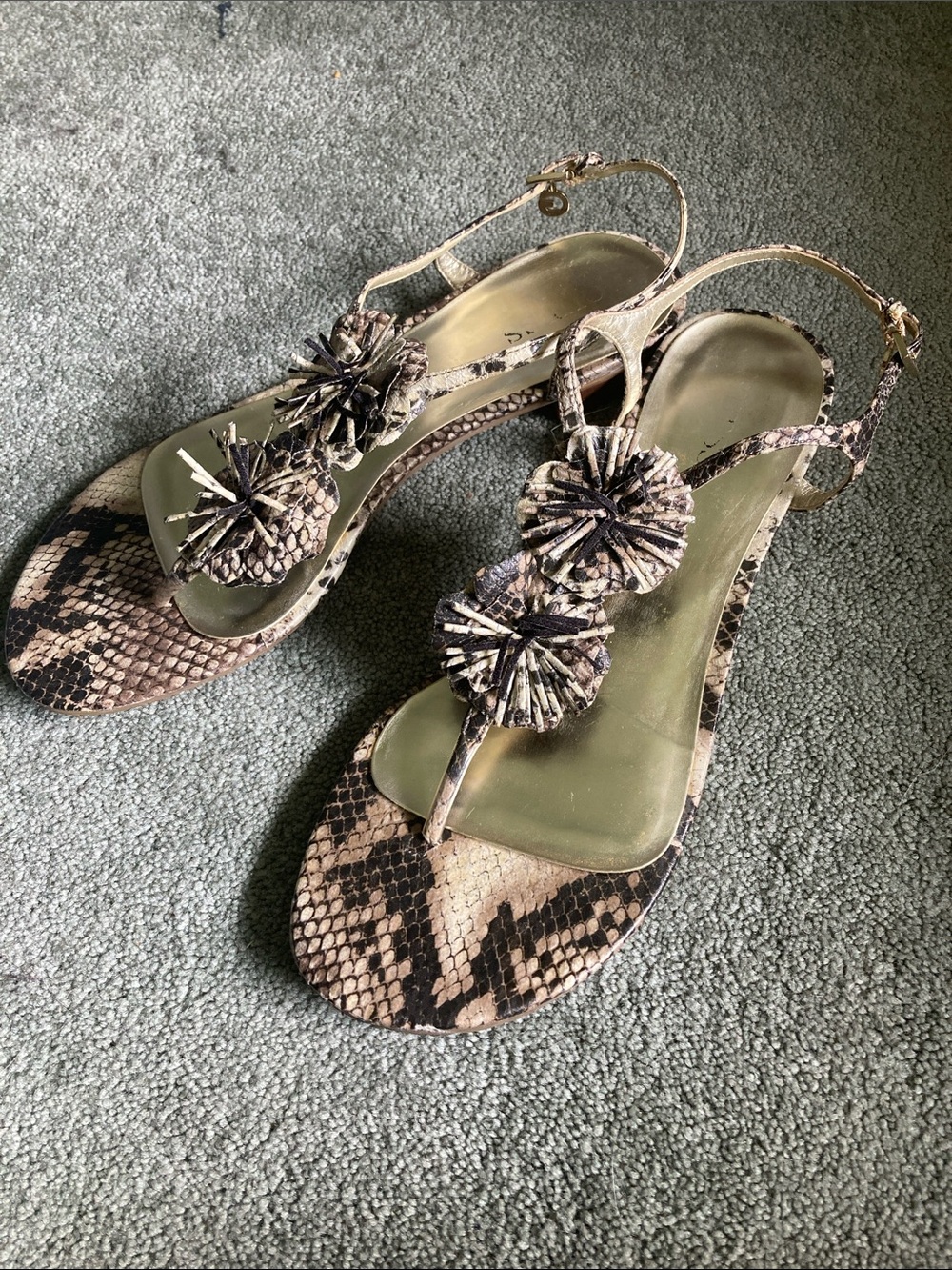 Guess Snake-Print Slingback Sandals in Beige and Black with Pom Accents